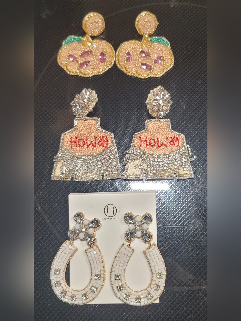Big, bold, and fun drop earrings, three pairs: loops, cowgirl shirt, pumpkin.